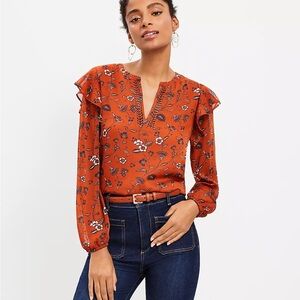 LOFT Floral Split Neck Blouse, size L